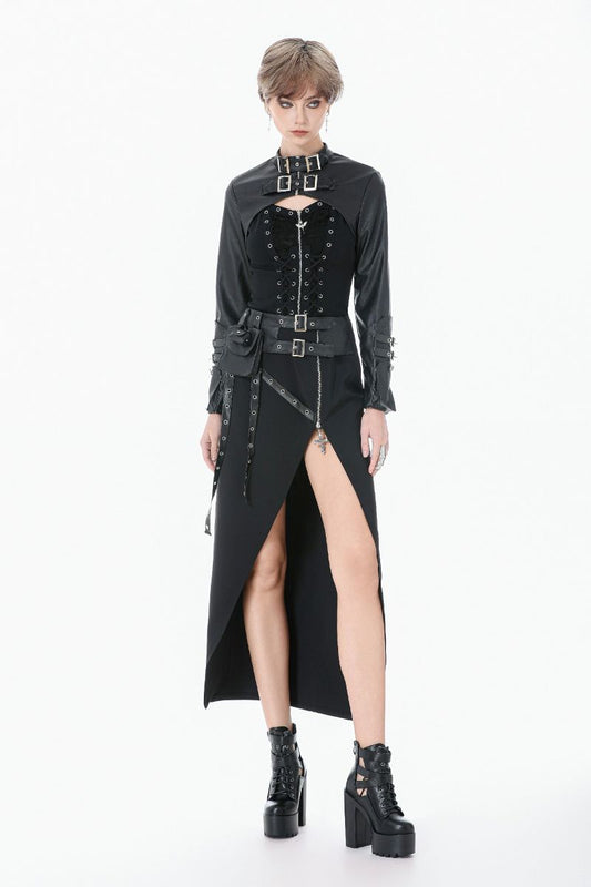 Schwarzer, asymmetrischer Rock Ghost Protocol Skirt mit Kunstlederdetails von Dark In Love
