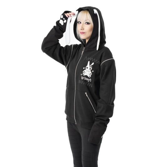 Schwarze Sweatshirtjacke LB KILLER HOOD mit Hasenohren auf Kapuze und niedlichem Print von Luv Bunny