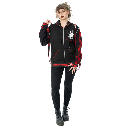 Schwarze Sweatshirtjacke LB CURSED BUNNY HOOD mit Hasenohren auf Kapuze und Tartanmuster an den Ärmeln von Luv Bunny