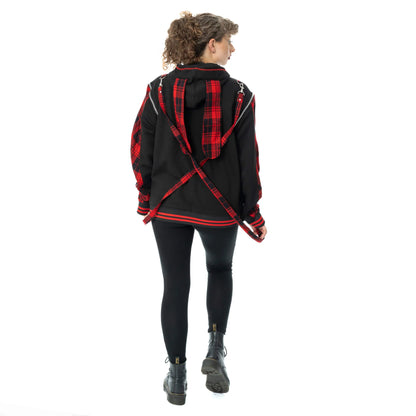 Schwarze Sweatshirtjacke LB CURSED BUNNY HOOD mit Hasenohren auf Kapuze und Tartanmuster an den Ärmeln von Luv Bunny