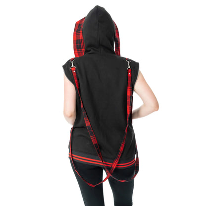 Schwarze Sweatshirtjacke LB CURSED BUNNY HOOD mit Hasenohren auf Kapuze und Tartanmuster an den Ärmeln von Luv Bunny