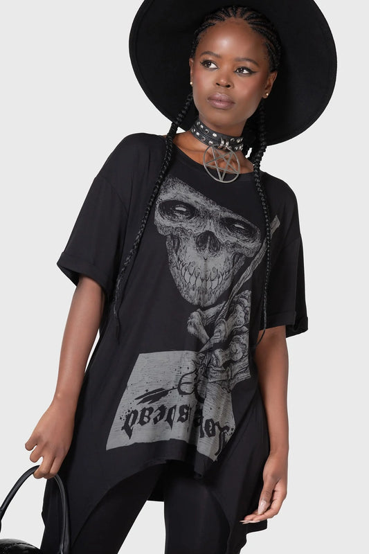 Schwarzes, weites Shirt LOVE IS DEAD T-SHIRT mit briefschreibendem Totenkopfprint von Killstar