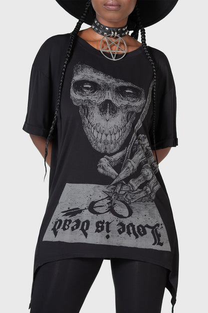 Schwarzes, weites Shirt LOVE IS DEAD T-SHIRT mit briefschreibendem Totenkopfprint von Killstar