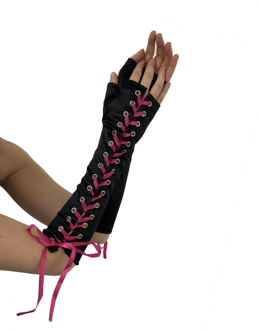 Schwarze Armstulpen Lace Up Gloves mit pinker Schnürung von Pamela Mann