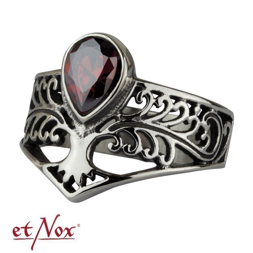 Edelstahlring Lebensbaum mit Tropfen Ring mit Stein in der Mitte von etNox