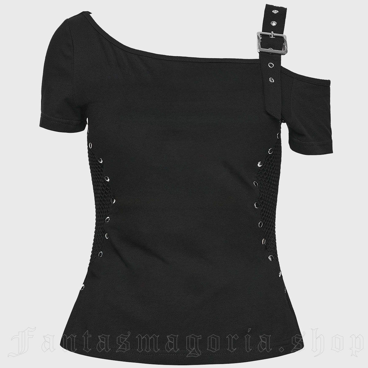 Schwarzes, asymmetrisches Gothic-Oberteil Libra Hex Top im Off-Shoulder-Stil mit Mesh-Einsätzen und Ösen-Details von Punk Rave