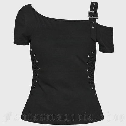 Schwarzes, asymmetrisches Gothic-Oberteil Libra Hex Top im Off-Shoulder-Stil mit Mesh-Einsätzen und Ösen-Details von Punk Rave