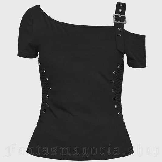 Schwarzes, asymmetrisches Gothic-Oberteil Libra Hex Top im Off-Shoulder-Stil mit Mesh-Einsätzen und Ösen-Details von Punk Rave