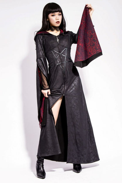 Schwarzes Mantelkleid Witches Insignia Coat mit Reißverschluss an der Vorderseite von RNG