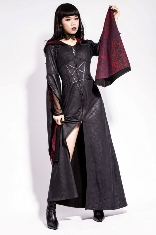 Schwarzes Mantelkleid Witches Insignia Coat mit Reißverschluss an der Vorderseite von RNG