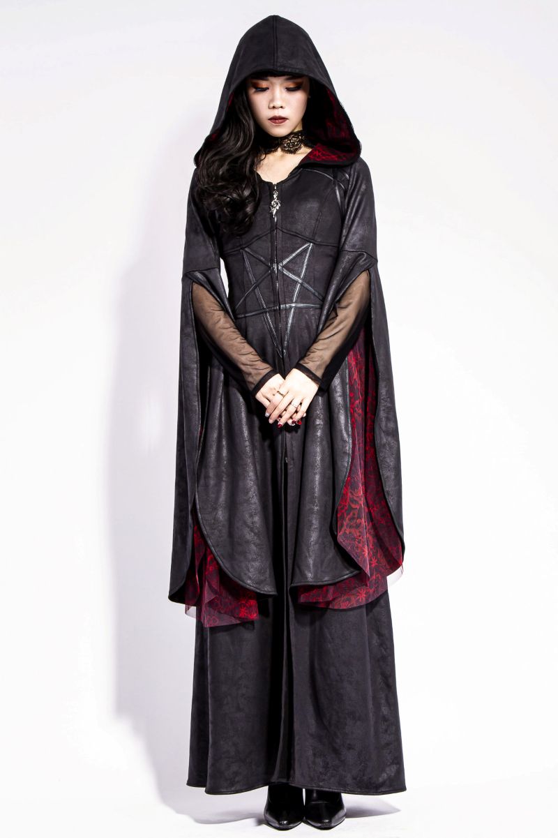 Schwarzes Mantelkleid Witches Insignia Coat mit Reißverschluss an der Vorderseite von RNG