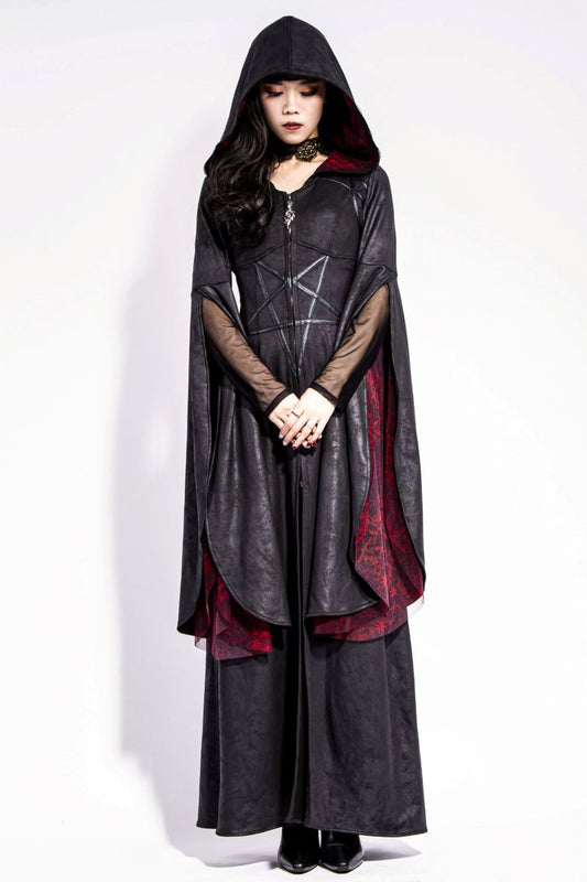 Schwarzes Mantelkleid Witches Insignia Coat mit Reißverschluss an der Vorderseite von RNG