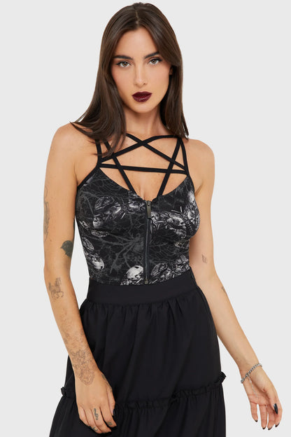 Schwarzes Oberteil Magica Spidrasica Top mit Motten und Spinnen Print von Killstar