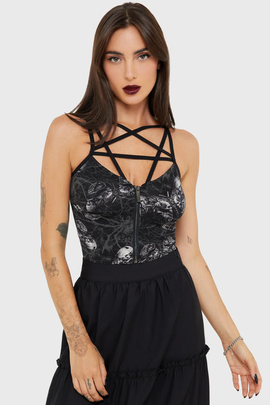 Schwarzes Oberteil Magica Spidrasica Top mit Motten und Spinnen Print von Killstar