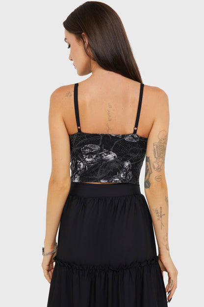 Schwarzes Oberteil Magica Spidrasica Top mit Motten und Spinnen Print von Killstar