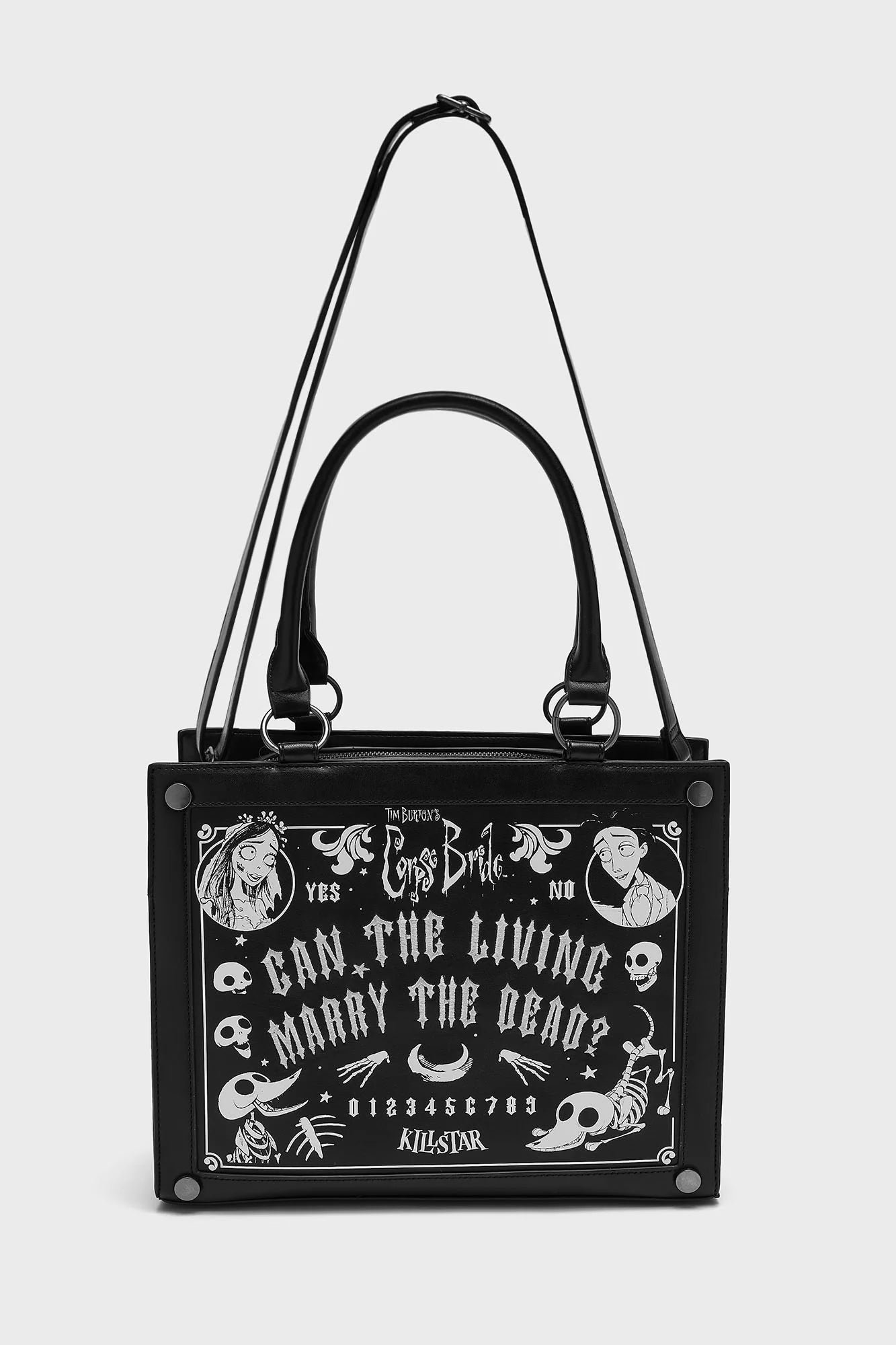 Schwarz-weiße Kunstledertasche MARRY THE DEAD HANDBAG mit auffälliger Corpse Bride-Grafik von Killstar