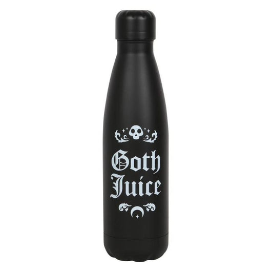 Schwarze Metalltrinkflasche mit weißer Aufschrift 'Goth Juice' und kleinen Details