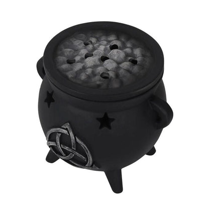Räucherkegelhalter in Form eines Hexenkessels mit aufgedruckter Triquetra  und eingestanzten Sternen