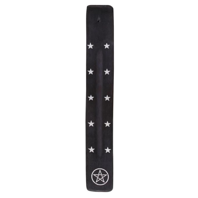 Schwarzer Räucherstäbchenhalter aus Holz mit Sternen und Pentagramm