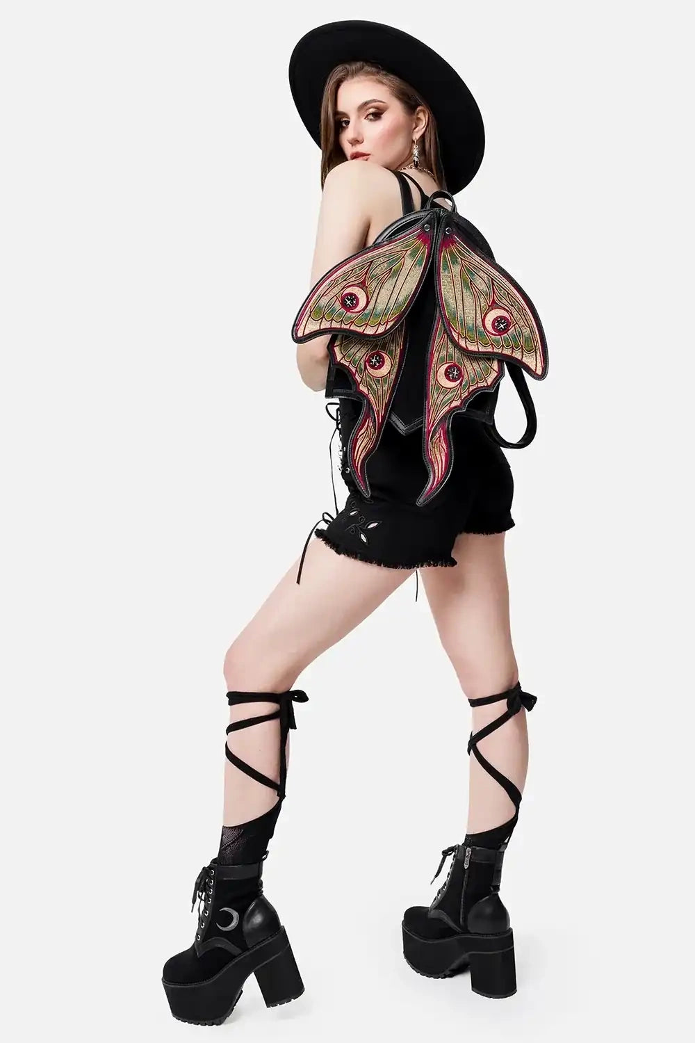 Schwarzer Rucksack METAMORPHOSIS BACKPACK mit beweglichen Mottenflügeln von Restyle