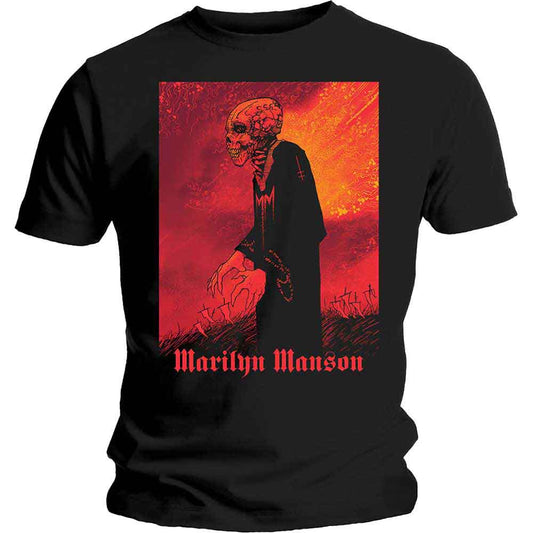 Lizensiertes Marilyn Manson Madmonk Bandshirt mit quadratischem Print im orange-roten Design