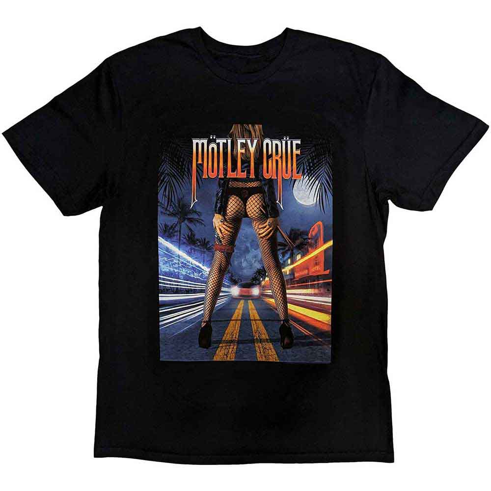 Lizensiertes Motley Crue Miami Bandshirt mit Print einer Frau auf einer Rennstrecke