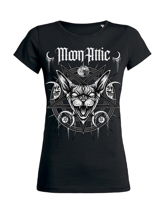 Schwarzes Shirt mit bösem Katzenface im Pentagramm
