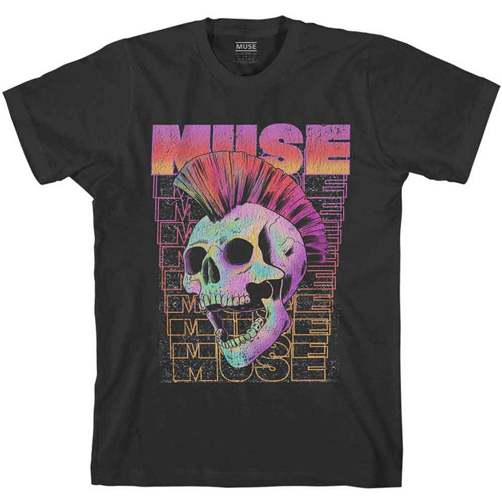 Lizensiertes Muse Mowhawk Skull Bandshirt mit buntem Irokesen-Totenkopfprint