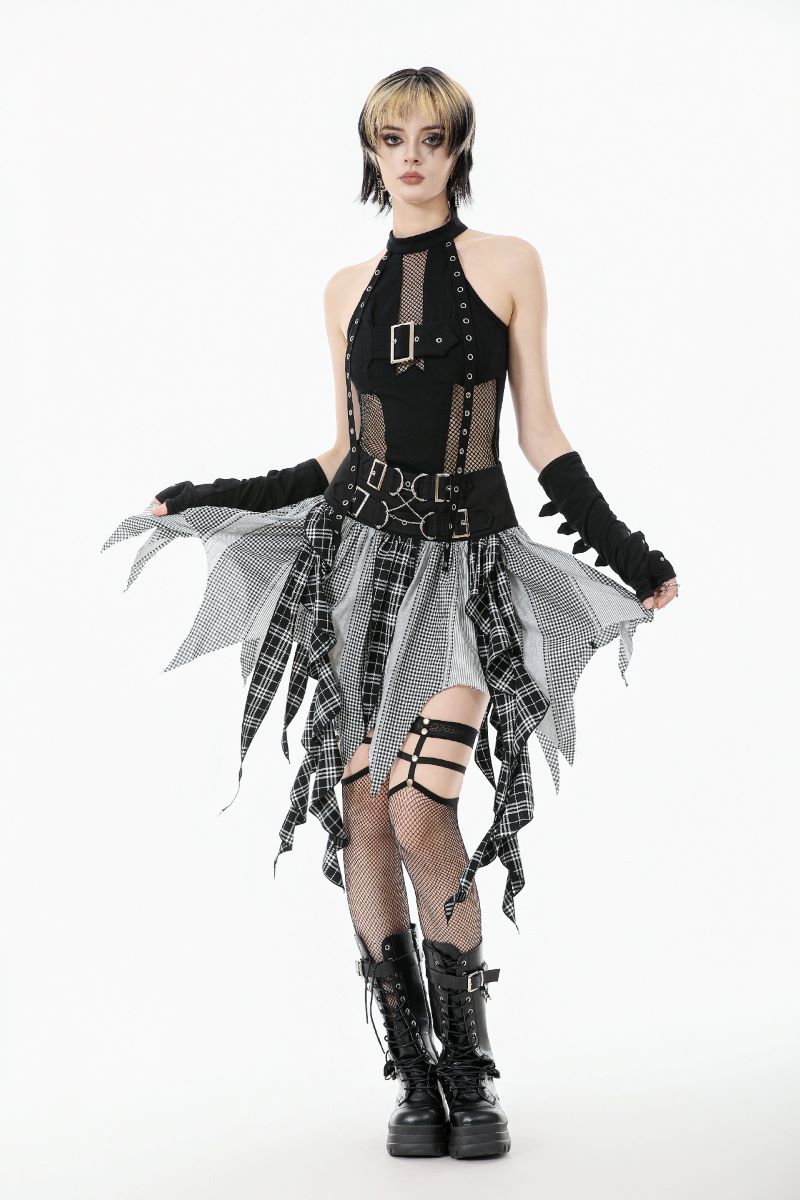 Schwarzes Shirt Machinarium Top mit Netzelementen von Dark In Love