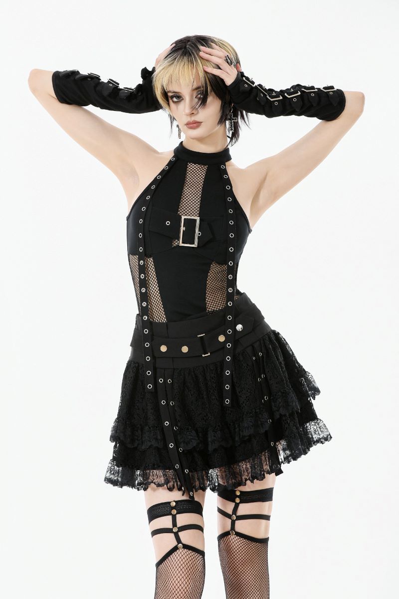 Schwarzes Shirt Machinarium Top mit Netzelementen von Dark In Love