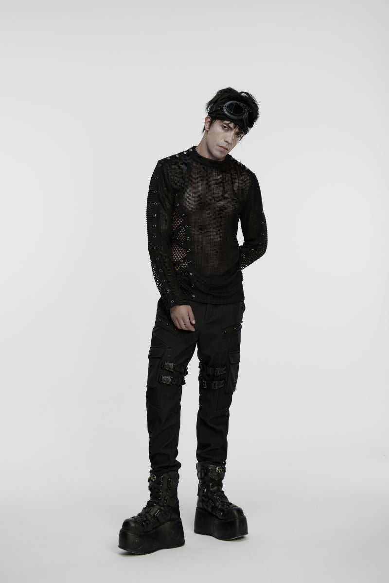 Schwarzes Langarmshirt Mesh Magnet Top mit Netzstoff von Punk Rave