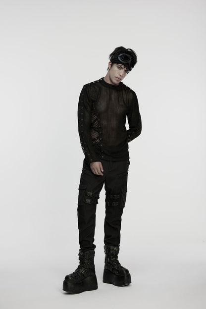 Schwarzes Langarmshirt Mesh Magnet Top mit Netzstoff von Punk Rave