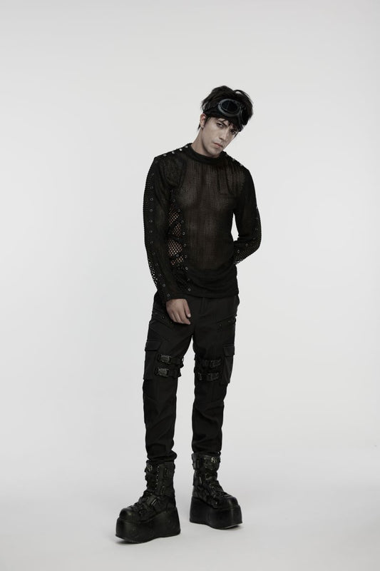 Schwarzes Langarmshirt Mesh Magnet Top mit Netzstoff von Punk Rave