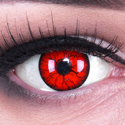 Rote Kontaktlinsen mit schwarzem Rand mit starker Deckkraft, ideal für Cosplay-Kostüme, sowie Halloween.