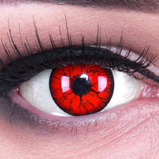 Rote Kontaktlinsen mit schwarzem Rand mit starker Deckkraft, ideal für Cosplay-Kostüme, sowie Halloween.