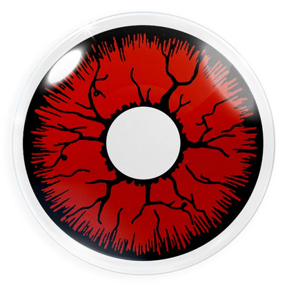 Rote Kontaktlinsen mit schwarzem Rand mit starker Deckkraft, ideal für Cosplay-Kostüme, sowie Halloween.