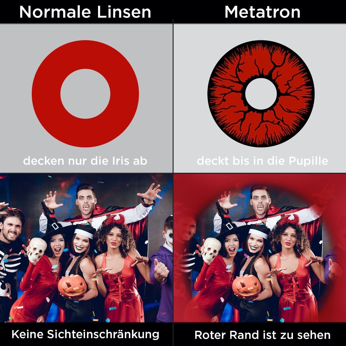 Rote Kontaktlinsen mit schwarzem Rand mit starker Deckkraft, ideal für Cosplay-Kostüme, sowie Halloween.