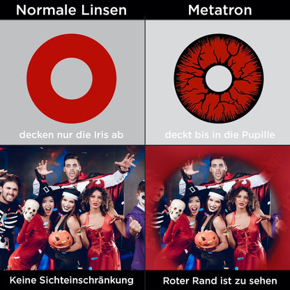 Rote Kontaktlinsen mit schwarzem Rand mit starker Deckkraft, ideal für Cosplay-Kostüme, sowie Halloween.