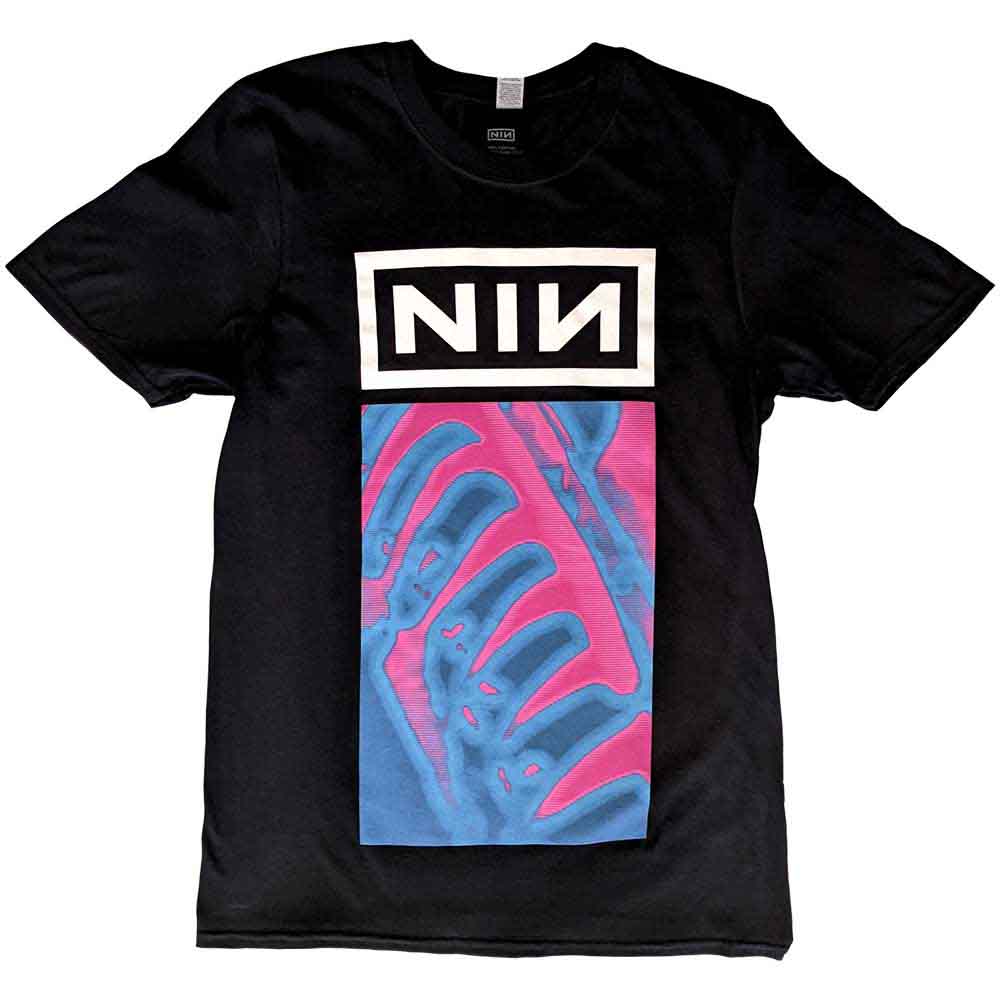 Lizensiertes Nine Inch Nails Pretty Hate Machine Neon Bandshirt mit abstraktem, pink-blauem Print