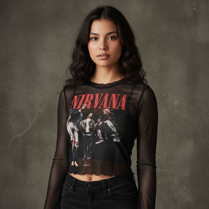 Nirvana Band Photo Ladies Long Sleeve Mesh Crop Top