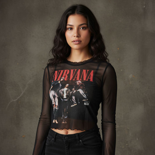 Nirvana Band Photo Ladies Long Sleeve Mesh Crop Top