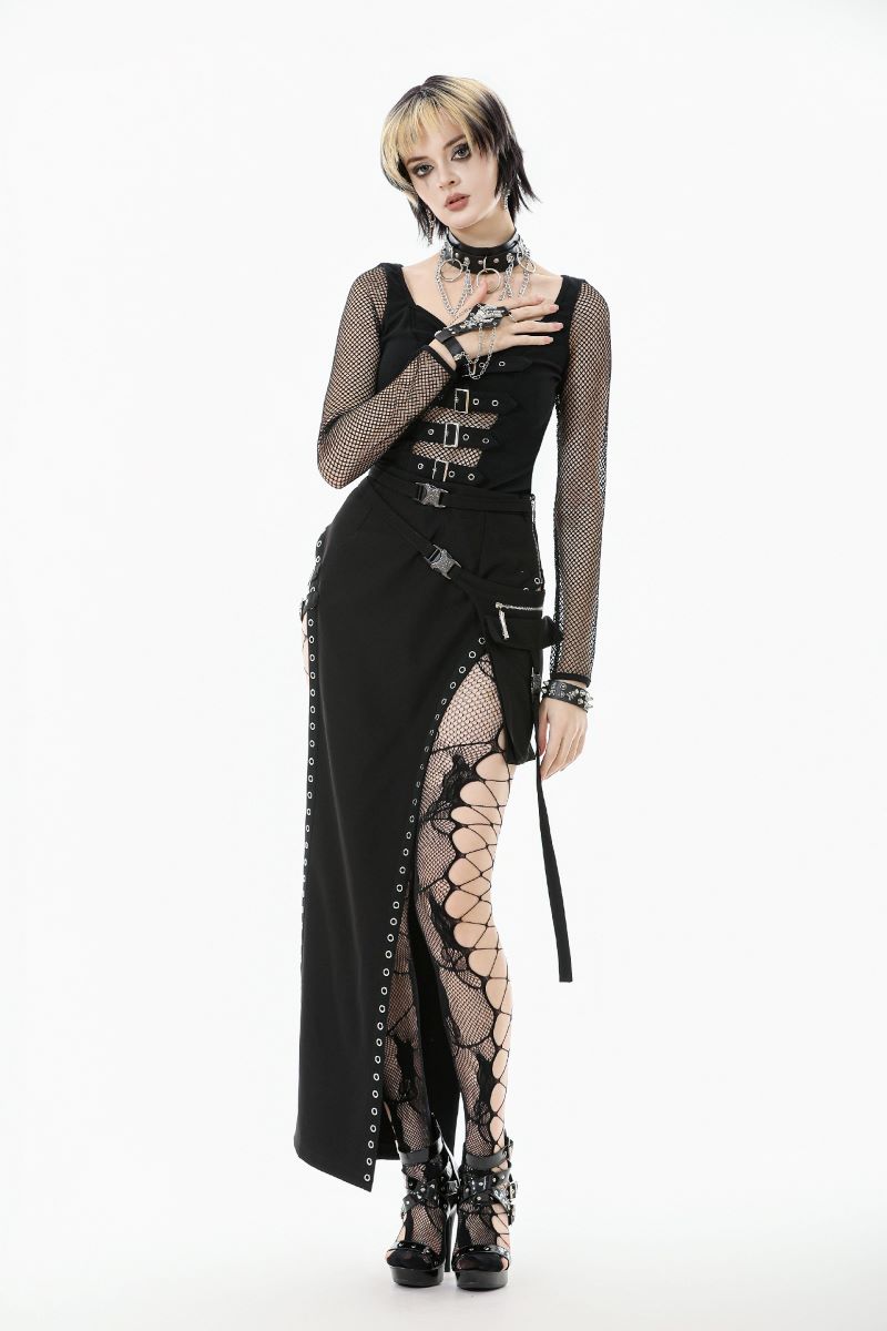 Schwarzer Rock Nerve Split Skirt mit Zierösen von Dark In Love