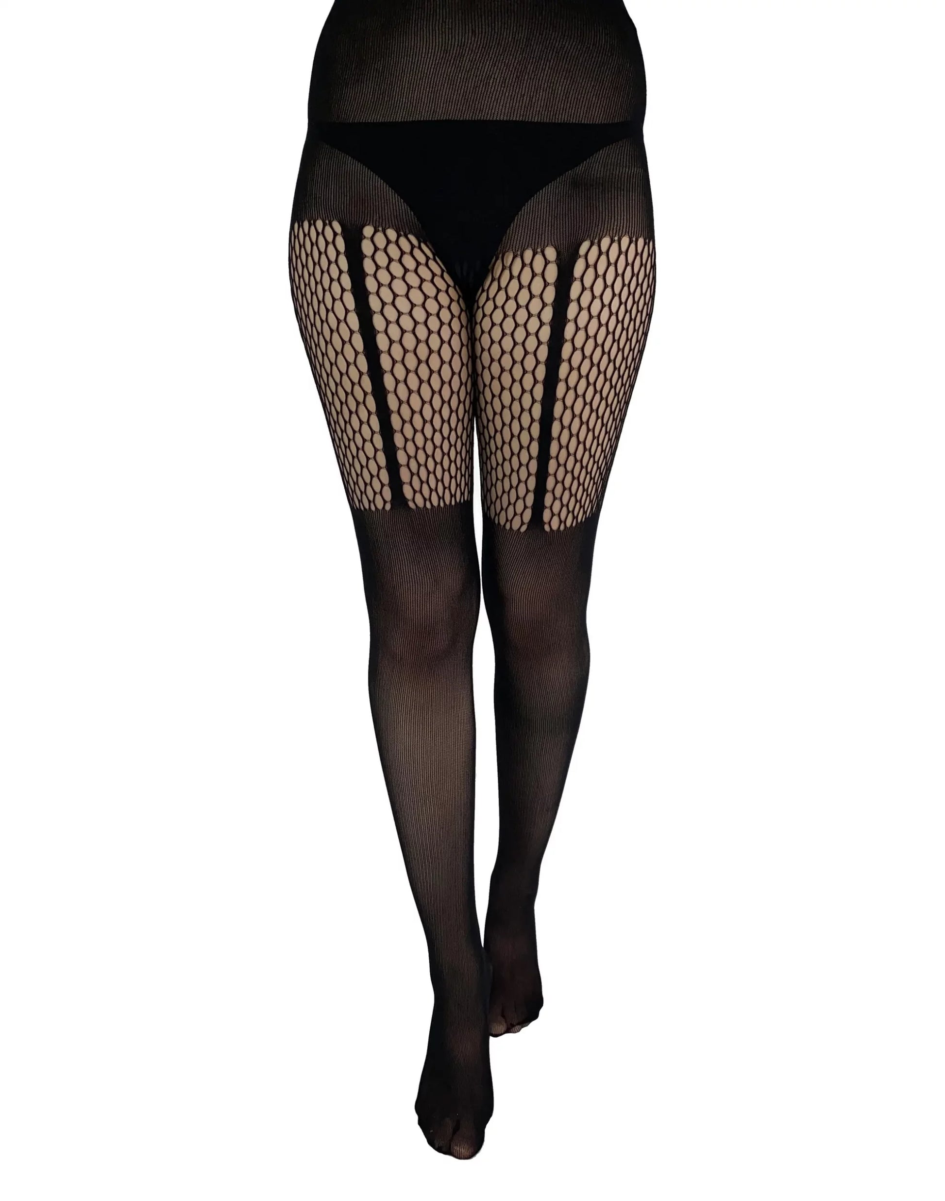 Schwarze Nylonstrumpfhose Net Stripe Suspender Tights mit Netzstruktur und Strumpfhalteroptik von Pamela Mann Vorderansicht