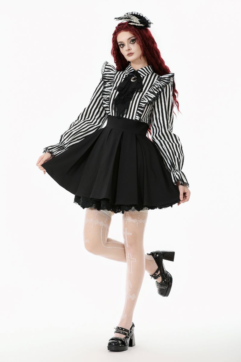 Schwarzes/Weißes kurzes Kleid Noctem Academy Dress mit Streifenmuster von Dark In Love