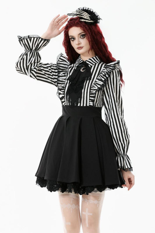 Schwarzes/Weißes kurzes Kleid Noctem Academy Dress mit Streifenmuster von Dark In Love