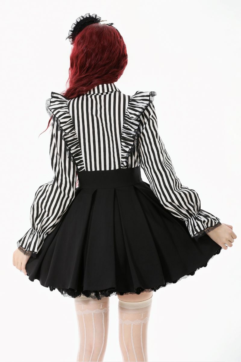 Schwarzes/Weißes kurzes Kleid Noctem Academy Dress mit Streifenmuster von Dark In Love