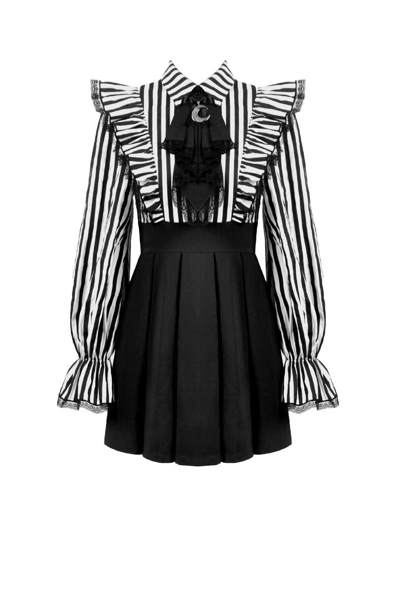 Schwarzes/Weißes kurzes Kleid Noctem Academy Dress mit Streifenmuster von Dark In Love