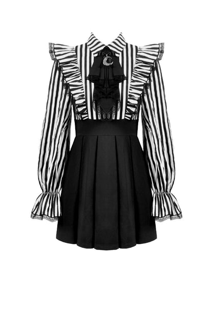 Schwarzes/Weißes kurzes Kleid Noctem Academy Dress mit Streifenmuster von Dark In Love