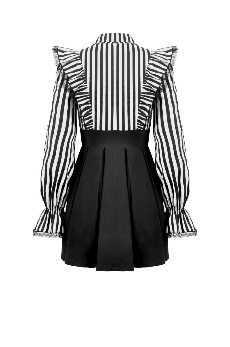 Schwarzes/Weißes kurzes Kleid Noctem Academy Dress mit Streifenmuster von Dark In Love