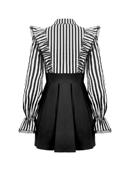Schwarzes/Weißes kurzes Kleid Noctem Academy Dress mit Streifenmuster von Dark In Love